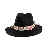 Sonnenhut Strohhut Hut Damen Sonnenhüte Frauen Große Krempe Fester Gürtel Strohhut Lässig Fascinator Outdoor Strand Faltbare Frauenhüte -Black_Adjustable