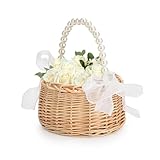 Rattan-Weidenkorb, kleiner Hochzeitskorb für Blumenmädchen, mit Perlengriff und Schleife, rustikale Blumenmädchenkörbe für Outdoor, Picknick, Zuhause, Hochzeitsdekoration (Durchmesser 16,5 cm)