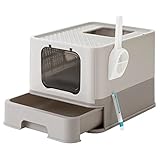 FEANDREA Katzenklo, Katzentoilette, 54,3 x 42,5 x 37,8 cm, für Katzen bis 15 kg, ausziehbares Tablett, Schaufel, Bürste, 2 Öffnungen, auslaufsicherer Boden, haferflockenfarben-warmgrau PPT001G01