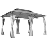 Outsunny Pavillon 4x3 m Stabil Winterfest Gartenpavillon mit Doppeldach 6 Seitenteile Ablauflöcher, Garten Pavillon aus Metall, für Garten, Terrasse, Dunkelgrau