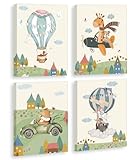 KAIRNE 4er Set Tiere Poster Kinderzimmer,Tiere Wandbild mit Rahmen (20×25CM),Flugzeug Heißluftballon Bilder,Wandbilder for Babyzimmer Deko Junge Mädchen Dschungel Safari Tiere Wandbilder