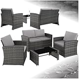 tectake Lounge Gartenmöbel Set Poly Rattan für den Garten, Möbel für den Balkon, 12-teilige Garten Lounge (wetterfest), Essgruppe mit Outdoor Sofa, Sessel und Tisch für 4 Personen (Grau/Hellgrau)
