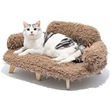 MEWOOFUN Katzensofa & Katzen Bett, 66 x 46,5 x 21,6 cm Erhöhtes Holz-Katzenbett mit Waschbarem Matratzenbezug, Robustes, Modernes Katzenmöbel für Schlafende Katzen