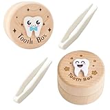 Milchzahndose Jungen, 4-teiliges Set mit Pinzette, Aufbewahrungsbox für Milchzähne, Zahnfee Geschenk für Jungen, Holz Zahnbox, 5.2 x 3.5 cm