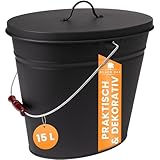 Black Oak 15L – schwarz oval mit Deckel - groß 15 Liter - Stahl feuerfest verzinkt & pulverbeschichtet Asche & Kohle Eimer ideales Zubehör für Kamin Kachelofen Holzofen (Vesuvio 15L)