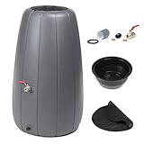 Regenwassertank 200L, Regenwasser, Grau Wasserfass für den Außenbereich, robuster Kunststoff, rund und hoch, Abflusslöcher, Deckel, Topfeinsatz, Entwässerungssystem, mit 3/4' geradem Kugelhahn