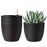 T4U 15cm Selbstwässernder Blumentopf mit Wasseranzeiger Schwarz 4er-Set, Selbstbewässerung Wasserspeicher Pflanzgefäß Übertopf für Innen- und Außenbereich