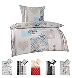 BaSaTex Feinbiber Winter Bettwäsche warme und kuschelige Bettgarnitur und Kissenbezug 135x200 + 80x80 cm | 100% Baumwolle | Kitzbühel - Landhaus - Beige Blau Grau