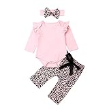 Geagodelia Babykleidung Set Baby Mädchen Langarm Body Strampler + Leopard Hose + Stirnband Neugeborene Kleinkinder Warme Babyset Kleidung (0-3 Monate, Pink)