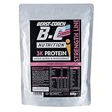 BEAST.COACH 3K Protein 500g Pulver – Proteinpulver - hoher Eiweisanteil Whey & Casein & Ei - Leckerer Geschmack - Strength Line (ERDBEERE)