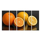 islandburner Wandbild auf Leinwand Zitrusfrüchte - Frische Orangen und Zitronen auf dunklem Hintergrund - 5-teilig XXL