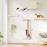 FUKUMARU Kletterwand Katzen Set, 10-teilig Katzen Kletterwand Set, aus robuster Multiplexplatte，Hängematte Katze mit Katzenhaus, Katzenbrücke, Katzenbaum, Katzentreppe bis zu 18 kg, Beige