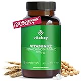 Vitabay Vitamin K2 Hochdosiert 100 µg (mcg) - 120 Vitamin K2 Tabletten Vegan & Laborgeprüft - MK-7 (Menachinon-7) aus natürlichen Zutaten in All-Trans Form