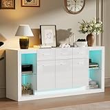 Merax Sideboard Hochglanz Weiß mit LED, 160 cm Modernes Wohnzimmer Kommode mit 3 Türen, 3 Schubladen, Offener Glasablage & Verstellbarem Einlegeboden, Mehrzweckschrank Buffetschrank für Esszimmer