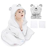 Kapuzenhandtuch Baby, Baby Handtuch Set Babyhandtuch mit Kapuze & 2 Waschlappen 100% BioBambusfaser Kinder Badetuch, Weich und Dick, Saugfähig, Süße Bärenstickerei, Bademantel für Baby 90 x 90
