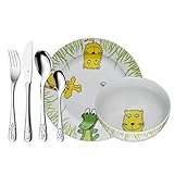 WMF Safari Kinder Geschirrset 6-teilig, Geschirr Kinder, Kindergeschirr mit Kinderbesteck Edelstahl, ab 3 Jahre, Cromargan poliert, spülmaschinengeeignet
