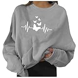 Generisch Lose Passform Damen Hoodie Langarm Sweatshirt mit Rundhalsausschnitt modischem Druckdesign für Casual Freizeitlooks (Grey, XL)