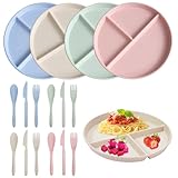 Geteilte Speiseteller Set, 4 Stück Geteilte Teller mit Unterteilung, Geteilte Speiseteller Sets mit 3 Fächern Teller and 4 Stück Besteckset für Erwachsene Kinder Schule Büro Zuhause Party 4 Farben