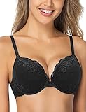 Wingslove Damen Push Up BH mit floraler Spitze gepolsterter Bügel BH Komfort BH, Schwarz, 38B / 85B