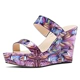 Aachcol Damen-Sandalen mit Keilabsatz, offener Zehenbereich, hoher Absatz, zwei Riemen, Keilabsatz, Pantoletten, Abschlussbälle, Sommerkleid, 9,9 cm Absätze, Violett, mehrfarbig, 38 EU