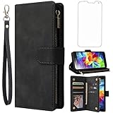 Asuwish Schutzhülle für Samsung Galaxy S5, Brieftaschen-Hülle und Displayschutzfolie aus gehärtetem Glas, Leder-Klapphülle, Kartenhalter, Handyhüllen für Glaxay S 5 Neo Gaxaly 5S Galaxies GS5 G900A