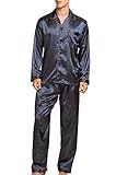 Sanraflic Herren Schlafanzug Pyjama Set Satin Nachtwäsche Langen Ärmel Loungewear (Blau Golden, L)