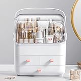 Make Up Kosmetik Organizer, Schmink Kosmetikbox mit Staubdichtem Deckel, Beauty Organizer mit 3 Aufbewahrung Schublade, Kosmetische Aufbewahrungsbox mit Tragegriff für Dresser Bad Schlafzimmer