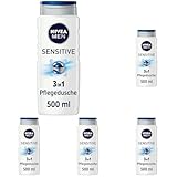 NIVEA MEN Sensitive Pflegedusche (500 ml), erfrischendes und pflegendes Duschgel mit Bambusmilch, feuchtigkeitsspendende Dusche für empfindliche Männerhaut (Packung mit 5)