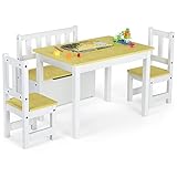 LIFEZEAL Kindertisch mit Stühlen, Holz Kindersitzgruppe inkl. Spielzeugkiste, Kindermöbel Sitzgarnitur für Jungen & Mädchen, 4-Teilige Sitzgruppe Kindertischgruppe mit Kindertruhe (Natur)
