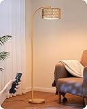 EDISHINE Stehlampe Wohnzimmer Dimmbar, Bogenlampe mit magnetischer Fernbedienung und Fußschalter, Vintage Stehleuchte mit seilgewebtem Lampenschirm, Drehbarer Lampenkopf, inkl. 9W LED-Birne, Gold