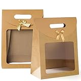 20 Stücke Braune Papiertüten Geschenktüten, Geschenktüten mit Griffen, Kraftpapier Verpackungsbeute, Geschenktüte mit Fenster, zum Verpacken von Bankett Geschenken, Süßigkeiten, Keksen