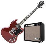 Rocktile Pro S-Red E-Gitarre Heritage Cherry Verstärker Set - 2 Humbucker Tonabnehmer - Ahorn-Hals - 30 Watt Gitarrencombo mit 2 Kanälen - 8' Speaker - Gitarrenkabel - Heritage Cherry
