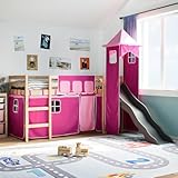 IKAYAA Hochbett mit Rutsche, Kinder Bett mit Rutsche, Hausbett 90 x 200 cm, Kinderbett Baumhaus mit Rutsche & Leiter, Hochbett für Kinder, Spielbett, ohne matratze, Rosa