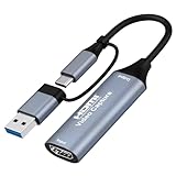 Video Capture Karte HDMI zu USB C 3.0 mit USB 3.0 Eingang 4K 60FPS Externe Capture Karte für Streaming Aufnahme Gaming Online-Unterricht Videokonferenz kompatibel mit PC Laptop Windows Mac
