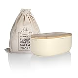 LARS NYSØM Brotkasten I Brotbox aus Metall mit Brotsack aus Leinen für langanhaltende Frische I Brotdose mit hochwertigem Bambusdeckel verwendbar als Schneidebrett I 36x19x13cm (Almond Beige)