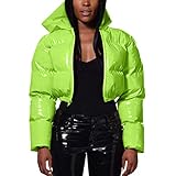 AQ899 Winterjacke Damen Schwarz Langer Steppmantel Damen- und Winter-warme, kurze, glänzende, gepolsterte Lederjacke mit Kapuze Damen-Mäntel Winter Parka Damen Gefüttert Warme (Green, S)