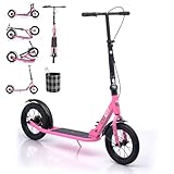 GHBXJX 290mm Kinderroller Scooter Tretroller mit LuftbereifungHandbremse und Bremse, Höhenjustierbarer & Zusammenklappbarer Roller mit Ständer Sportlicher Kinder & Erwachsenenrolle,Rosa