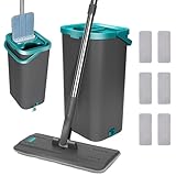 Masthome Wischmopp Set mit Eimer, Putzeimer mit Wischmop mit 6 Wischpads,Bodenwischer mit Auswringfunktion, Flachmopp und Putzeimer Set für Bodenreinigung Hartholz, Fliesen, Laminat - Grau+Blau