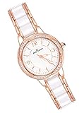 MicLee Damenuhr Analoge Rosegold Leuchtzeiger Armbanduhr Blumenmuster Digitales Zifferblatt aus Keramik Edle Quarzuhr