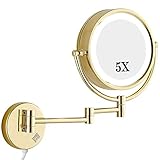 Schminkspiegel zur Wandmontage, 5 x, runder Schminkspiegel, Badezimmerspiegel, beleuchtet, 360 Grad drehbar (Farbe: Gold)