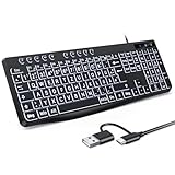 OMOTON Beleuchtete Tastatur, Kabel PC Tastatur, QWERTZ Weiß Beleuchtet mit großem Druck, 2 in 1 USB A/C- Für Senioren, Kinder, Sehbehinderte für Windows mit Multimedia-Tasten