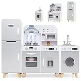 DREAMADE Kinderküche Holz mit Zubehör, Kinder Küche mit Herd Spüle Backofen Waschmaschine, Kinderspielküche mit Licht & Sound, Spielküche für Kinder ab 3 Jahren