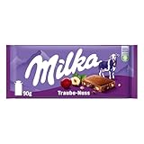 Milka Trauben und Haselnüsse – Alpenmilch-Schokoladentafel mit Haselnussstückchen und Rosinen – 90g