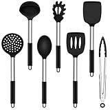 Onader Küchenhelfer Set, 7 Stück Silikon Küchenutensilien Kochbesteck Set mit Edelstahlgriff, Antihaft Kochutensilien Set Sicher für Kochgeschirr, Hitzebeständiger & Spülmaschinenfest, Schwarz