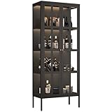 ASTUIAT Quadratisches Bücherregal Glasschrank Wohnzimmer Büro Vitrine extra großes Bücherregal verstellbares Regal Goldener Griff LED-Vitrine Schwarz Größe:170 x 70 x 35cm
