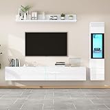 Dalred TV Wohnwand Set 3-teilig, LED Beleuchtung, Hochglanz Weiß Wohnzimmer Möbel Set, Frontale Wohnwand,1 x TV Schrank, 1 x Wohnzimmer Vitrine, 1 x Hängeregal