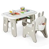 GOPLUS Kindertisch mit Stuhl, Kindersitzgruppe höhenverstellbar mit Straum, verstellbaren Zeichenplatten & Reichhaltiges Zubehör, Zeichentisch Kindermöbel für Kinderzimmer & Kindergärten