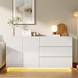 HOOGDLJ Sideboard Weiss,Sideboard Hochglanz mit 2 Türen 3 Schubladen & Led Beleuchtung, TV Schrank küchenschrank Kommodenschrank TV Lowboard Für Esszimmer,Wohnzimmer (Weiß-A)