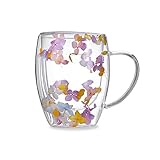 Billowvolve 350ML Trockene Blume Doppelwand Glas Kaffeetasse Teetasse Kristall Hitzebeständig mit Löffel, Schöne Teeglas Doppelwandig für Mutter, Oma, Freundin, Schwester