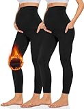 Missluck Umstandsleggings Blickdicht Damen Schwangerschaft Leggings Lang Mammy mit Taschen für Yoga(Schwarz*2-Thermo,XL)